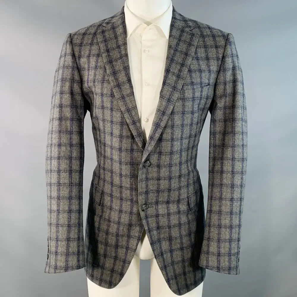 PAUL STUART Size 41 Grey Navy Green Plaid Wool Notch Lapel Sport Coat